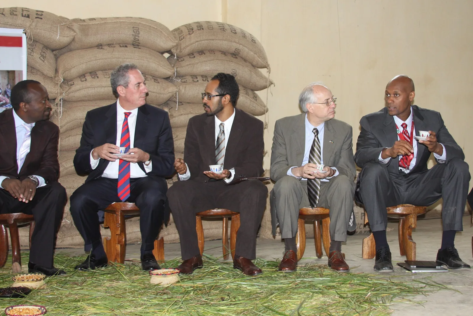 Traditional Ethiopian coffee ceremony prepared over fresh grasses