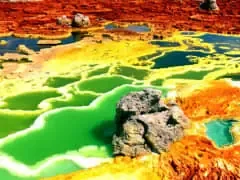 Green and orange mineral terraces at Dallol in the Danakil Depression