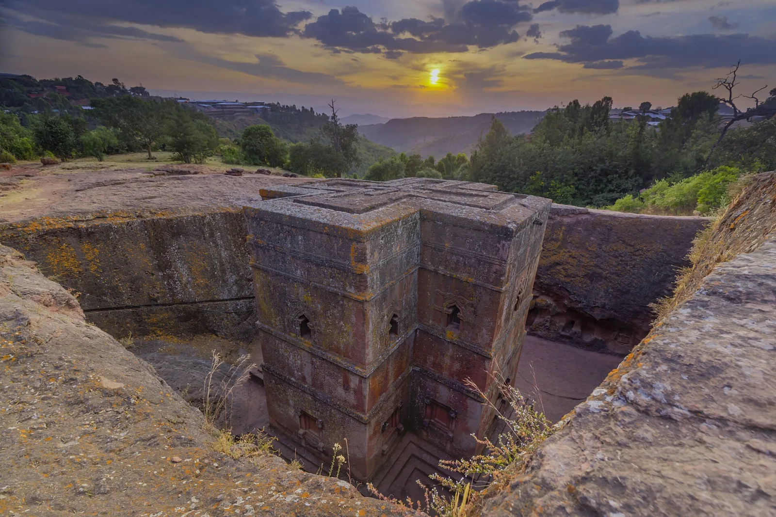 Bete Giyorgis rock-hewn church in Lalibela at sunset